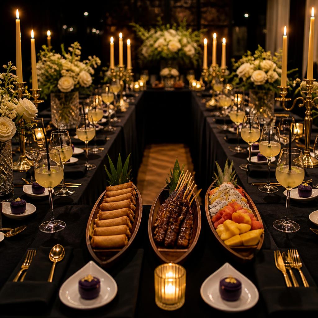 U-shaped dining setup with black satin linens, golden candles, fresh florals, and Filipino food stations for The 24K Table